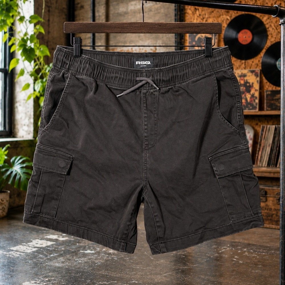 RSQ Mens Cargo XL Shorts Black Faded Wash Elastic Waist Drawstring Skater
